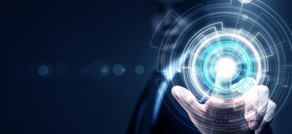 Professional using a futuristic interface, representing the evolution of digital financial advisory.